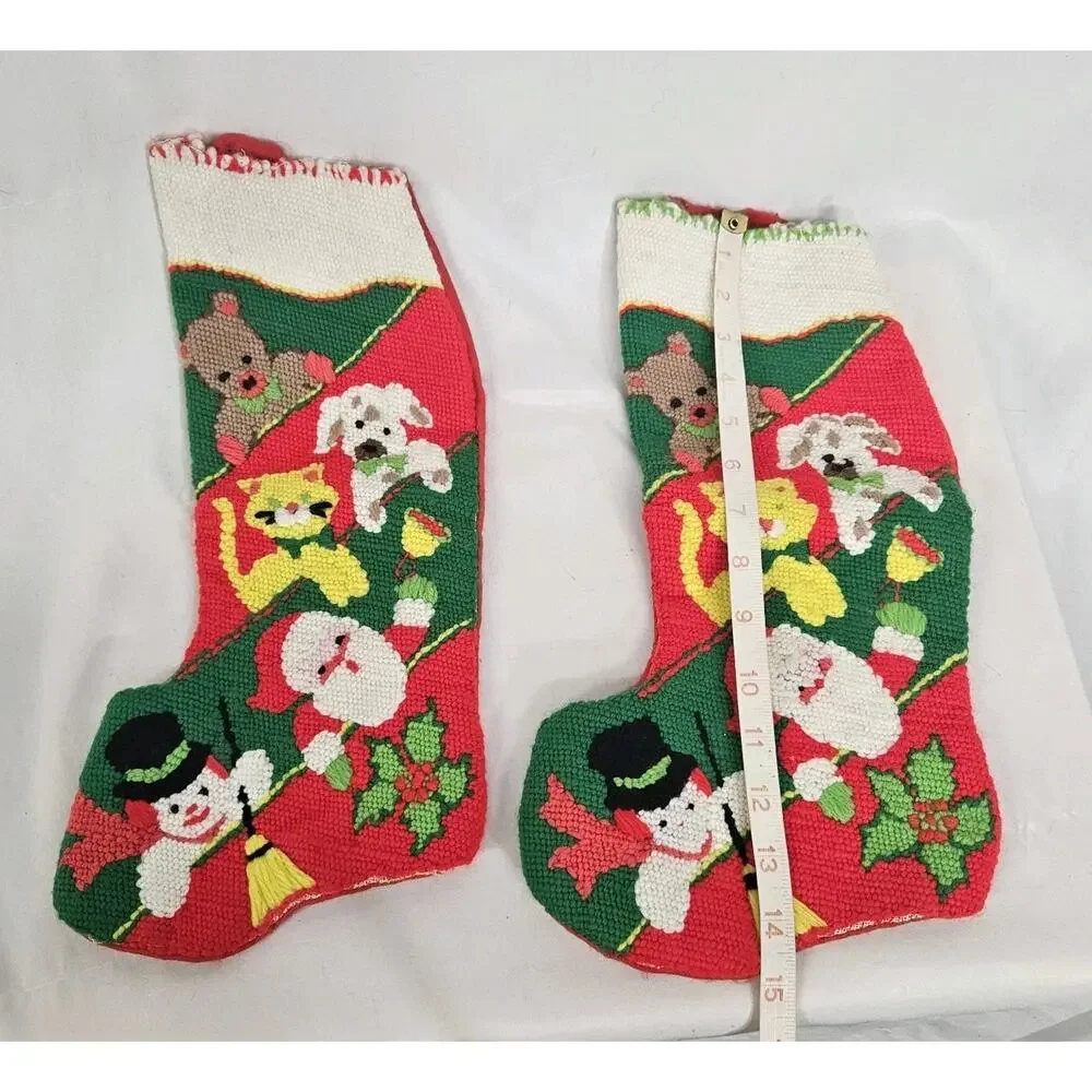 Lot Of 2 Vintage Handmade Needlepoint Cat Dog Snowman Santa Christmas Stockings